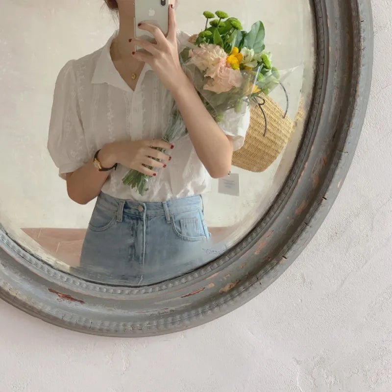 Shirts Women short sleeve V-Neck blouse shirts and tops  Korean Style Womens Clothing Elegant Leisure Chiffon blouses