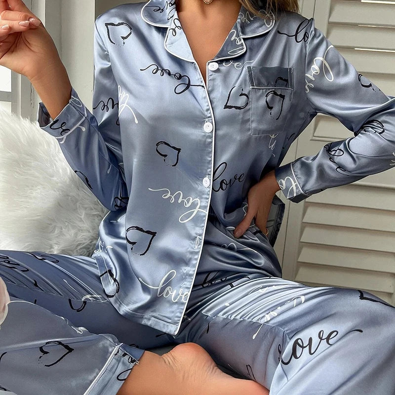 Spring Autumn pajama women Silk Satin pajamas set Long sleeve Shirt with Trouser Sleepwear Loungewear Female Pyjamas Suits Mujer