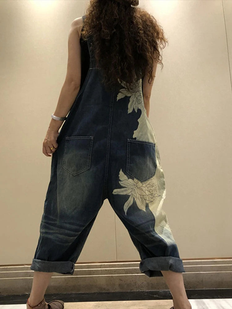Amax luluE 2025 Korean Fashion Spring Female Printed Denim Overalls Ladies Vintage Casual Jeans Women Loose Trousers Wide Pants