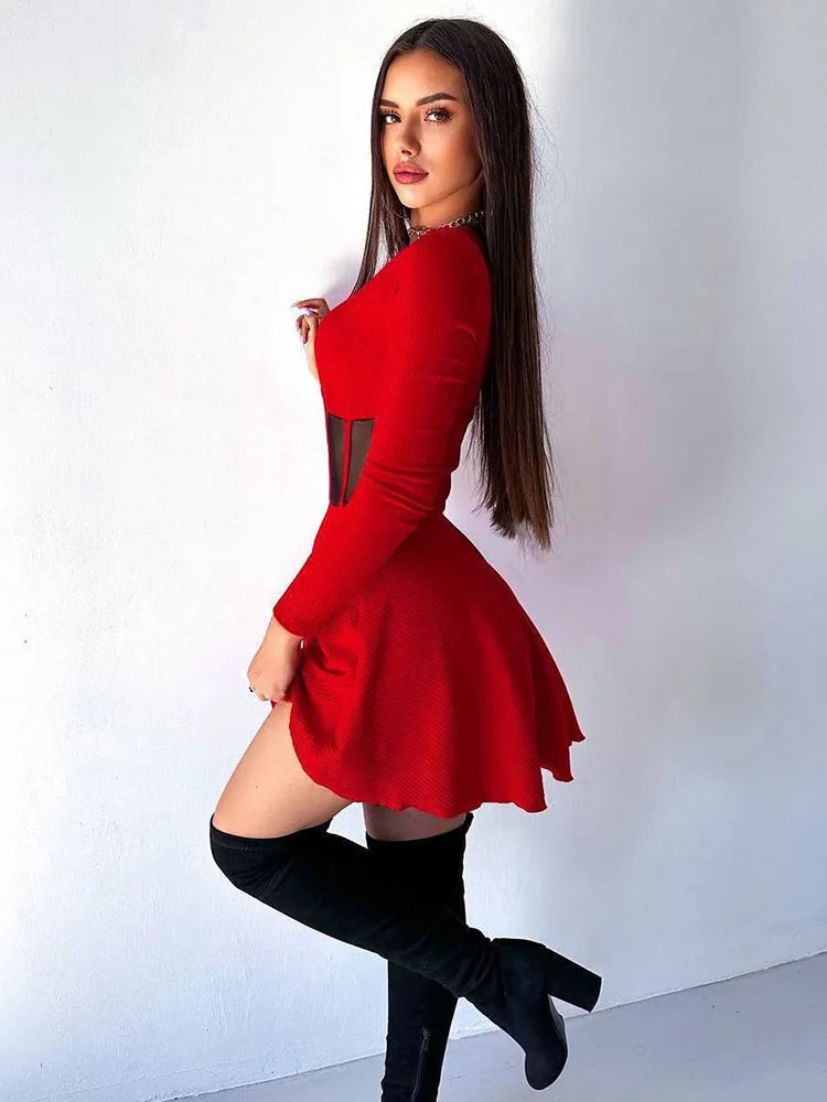 Solid Color Waist Mesh Splicing Design Women's Dress Spring And Summer New Fashion Round Neck Long Sleeve Slim A-line Dress 2025