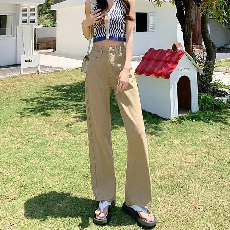 Loose Straight Leg Jeans, Korean Version of Women's Autumn Water Washing High-waisted Wide-leg Pants, Casual Floor-length Jeans