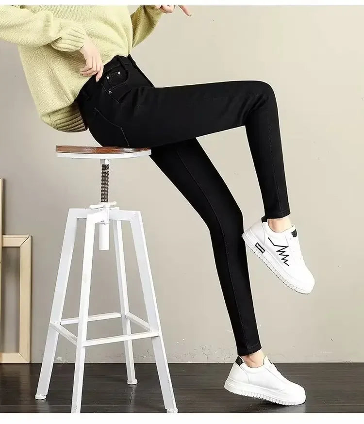 High Waist Fleece Lined Skinny Jeans Women's Autumn Winter New Style Pure Color Slimming Tight Fit Ankle Length Pants