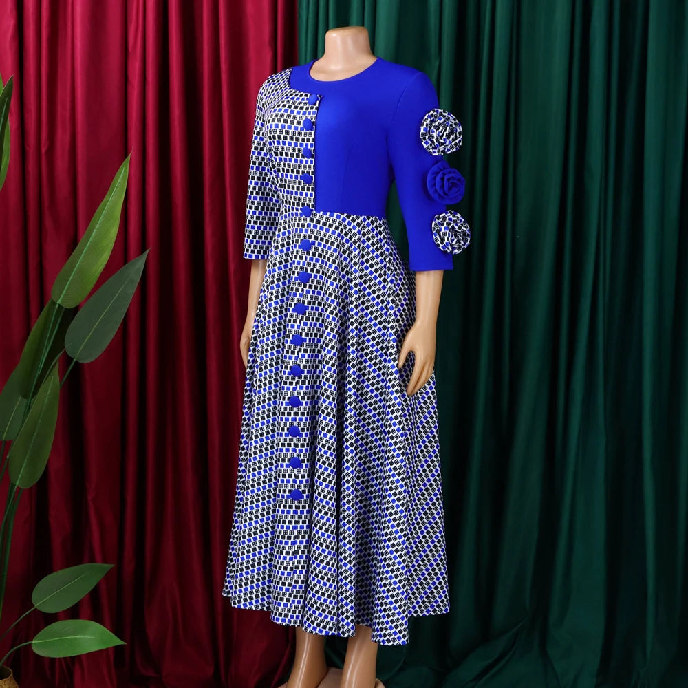 Elegant Dresses for Women 2026 Fall Fashion African 3/4 Sleeve Party Birthday New Robe Chic 3D Flower Plaid Evening A-Line Dress