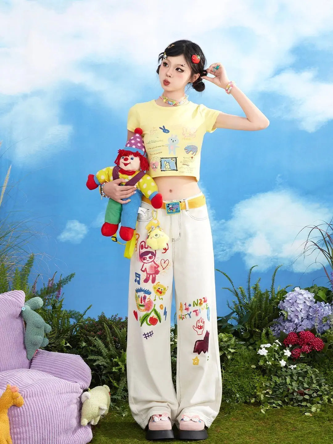 Kawaii Cartoon Young Style Sweet Summer Straight Jeans Women Printing Pockets Zipper Fashion Loose High Waist Wide Leg Trousers