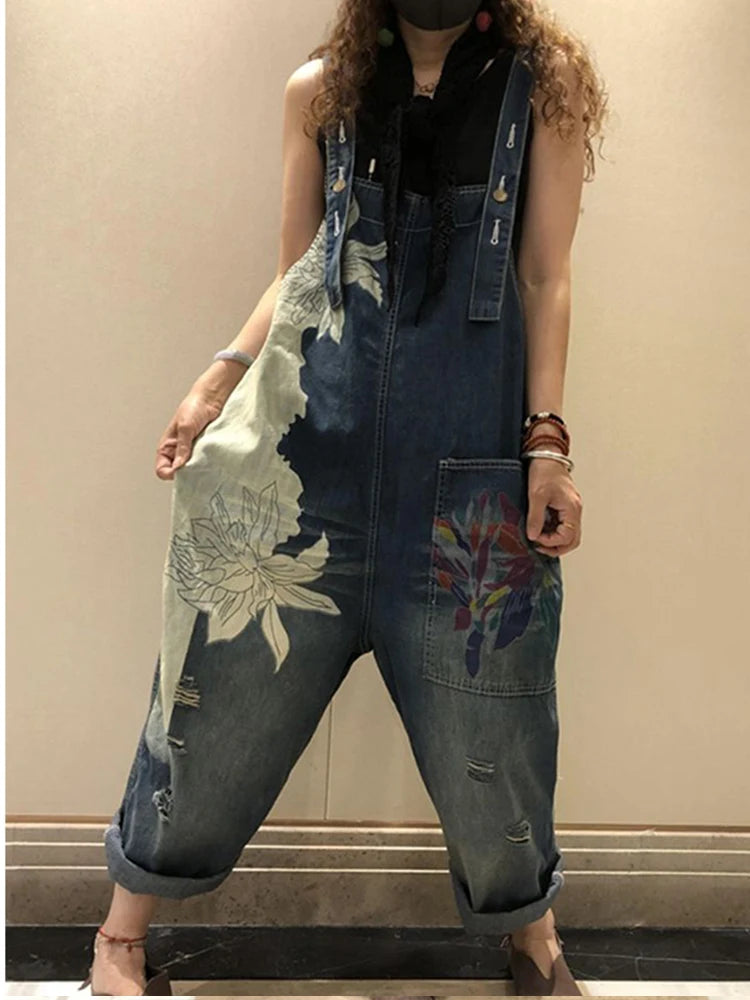 Amax luluE 2025 Korean Fashion Spring Female Printed Denim Overalls Ladies Vintage Casual Jeans Women Loose Trousers Wide Pants