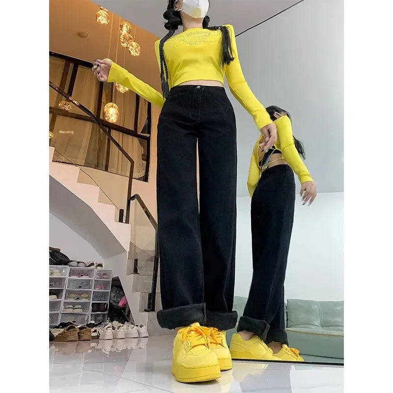 Thickened Fleece High Waist Straight Leg Jeans Women Winter New Style Loose Slim Wide Leg Pants Floor-Length Trousers