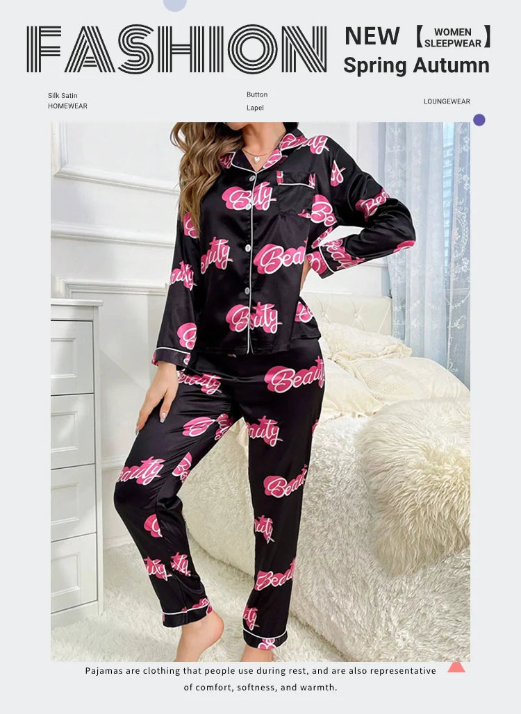 Cute Cat Print Pajama for Women Satin Long Sleeve Lapel Collar Tops & Pants Pyjama Loungewear for Fall Ladies Sleepwear Pj Sets