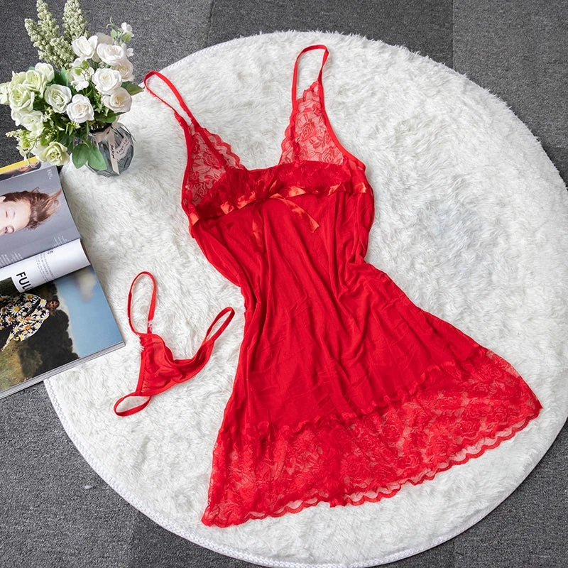 Women's Fashion Sexy Pajamas Set Large Size Night Lingerie Nightwear Sexy V-neck Suspender Nightdress Lace Sleepwea