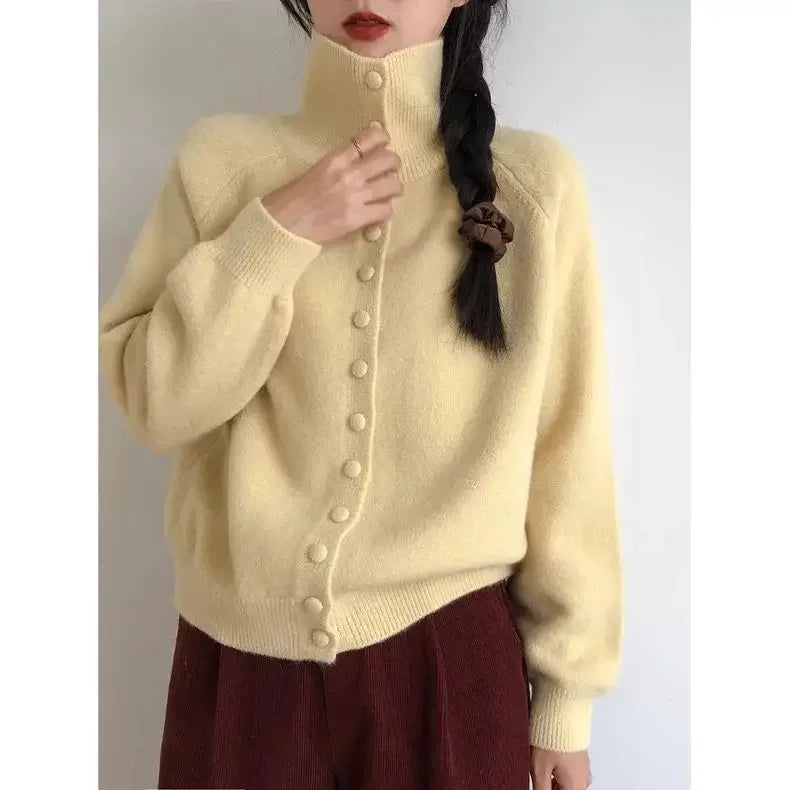 Autumn Winter New Women Sweater Coats Korean Lazy Wind Sweet Fashion Solid Turtleneck Button Cardigan Long Sleeve Knitted Tops