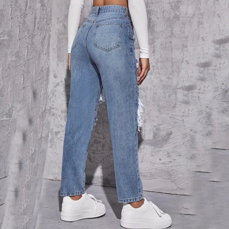 Hole High Waist Mom Jeans Women Flare Pants Denim Autumn 2025 Casual Long Streetwear Slim Fit Trousers Capris Baggy Jeans