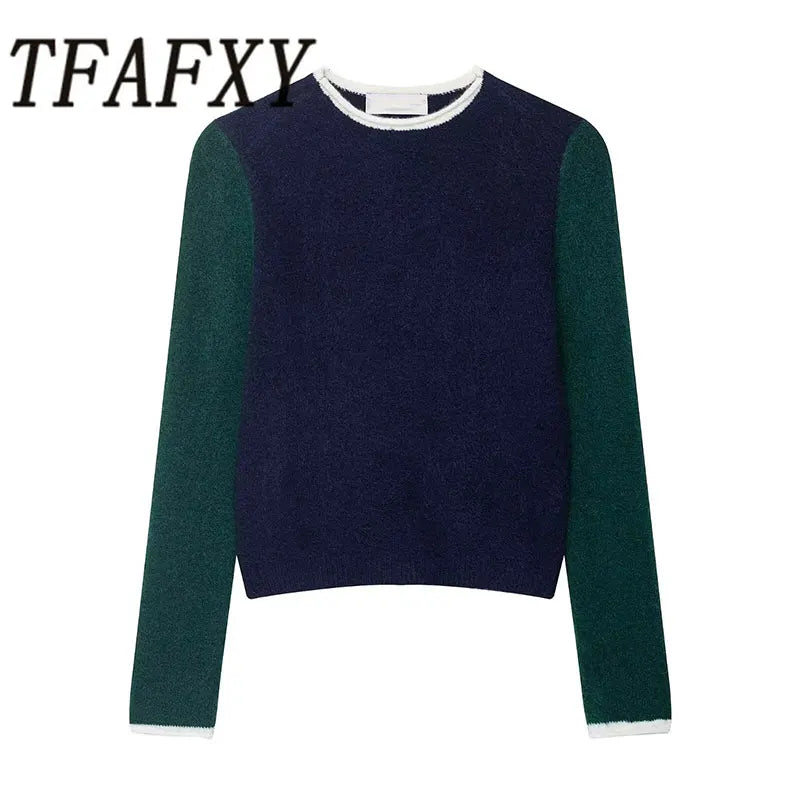 TFAFXY Women's 2025 Autunm Patchwork Knit Sweater Blend Fashion Ladies Loose Knitwear Pullover Top ﻿