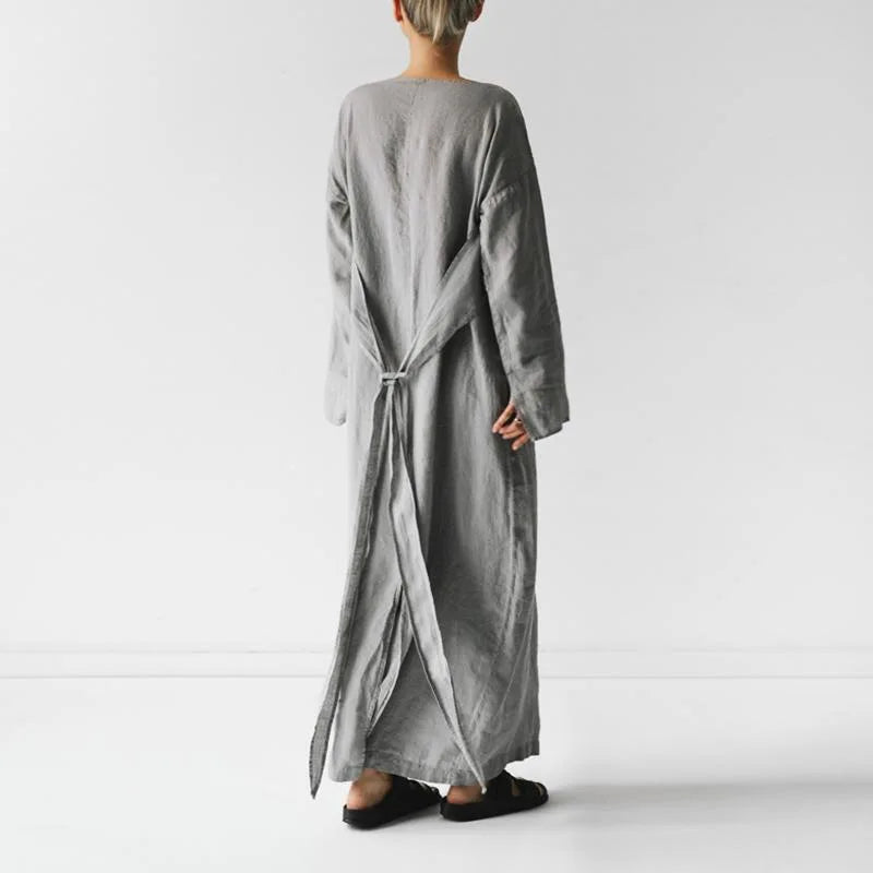 Fall Long Sleeve Loose Cotton Linen Dress Women 2024 Fashion Casual Solid New Lace-up Bow Maxi Dresses Elegant Vestidos