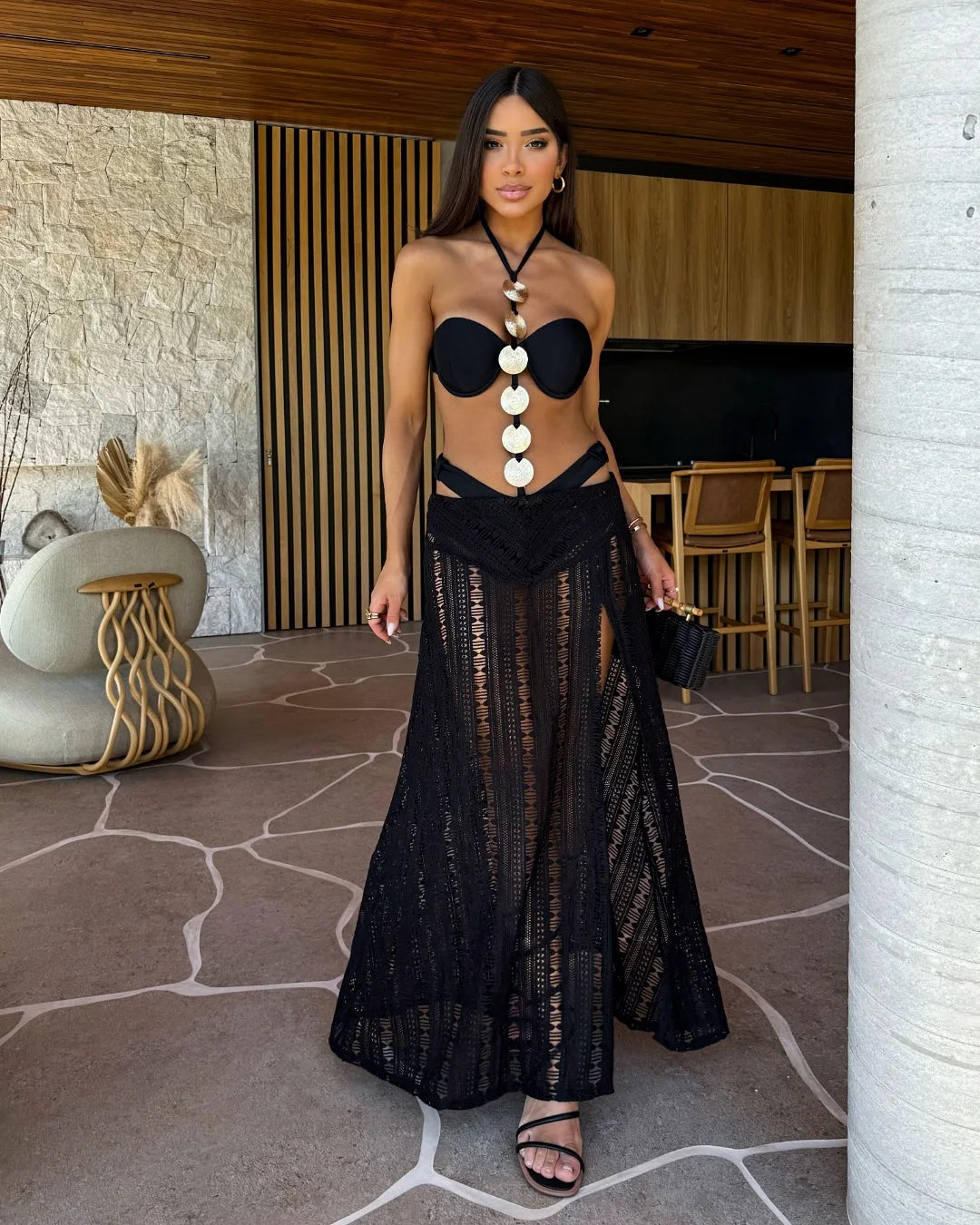 3 Pcs Swimwear with Skirt Women High Leg Bandage Swimsuit Tie-Neck Bathing Suit Halter Slit Skirt Beach Dance Robe