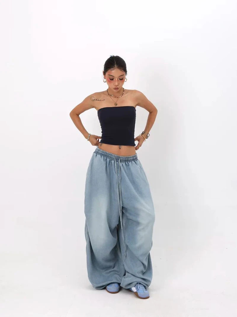 Autumn Oversized Women Wide Leg Jeans Y2K Hip Hop Streetwear Loose Denim Pants High Waist Drawstring All Match Straight Trousers