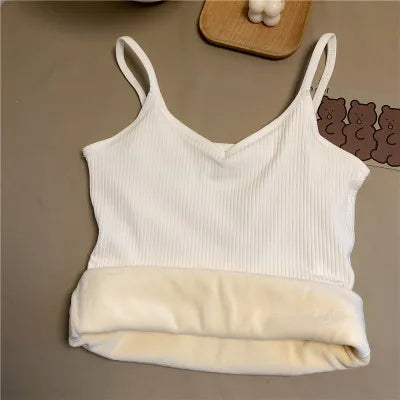 2PCS Women Winter Warm Underwear T-shirt Set Solid Color Thermal Casual Nightwear Sexy Elasticity Thin  Velvet Sleeveless Tops