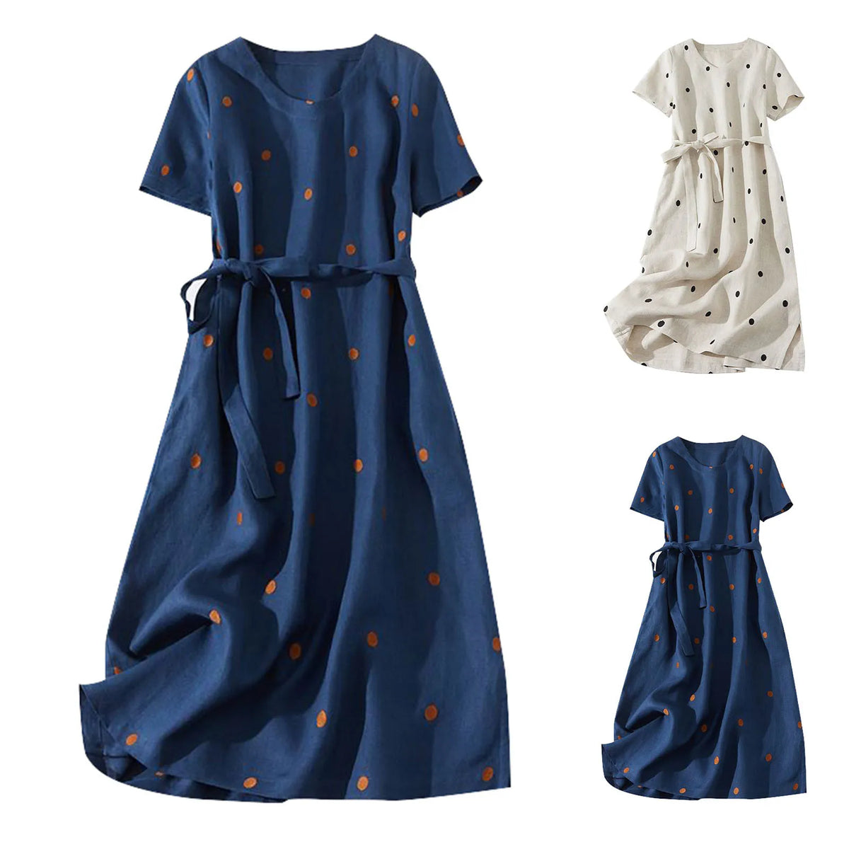2024 New Linen Vintage Print Polka Dot Dress Women Summer Short Sleeve Cotton Loose Casual Midi Dress Sundress Vestidos
