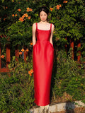 Lautaro Spring Summer Autumn Praty Birthday Evening Dresses Woman Elegant Luxury Red Prom Spaghetti Strap Satin Maxi Dress 2025