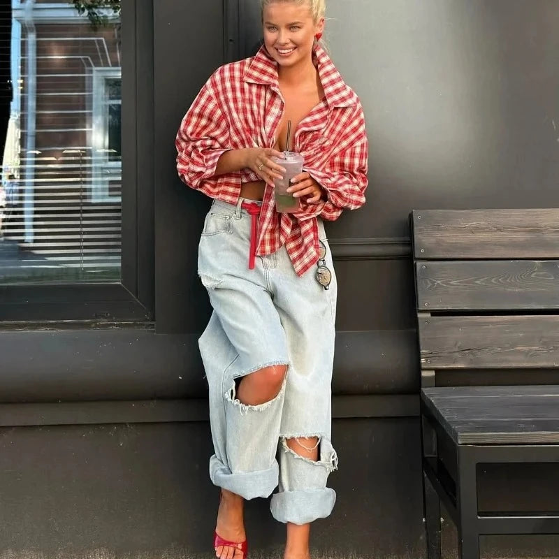 Women's Fall Summer 2025 New Fashion Retro Lapel Plaid Loose Red Long Sleeve Shirt Top