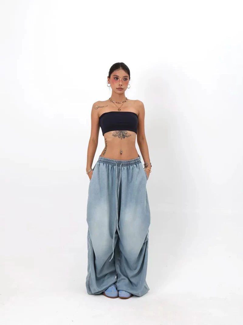 Autumn Oversized Women Wide Leg Jeans Y2K Hip Hop Streetwear Loose Denim Pants High Waist Drawstring All Match Straight Trousers