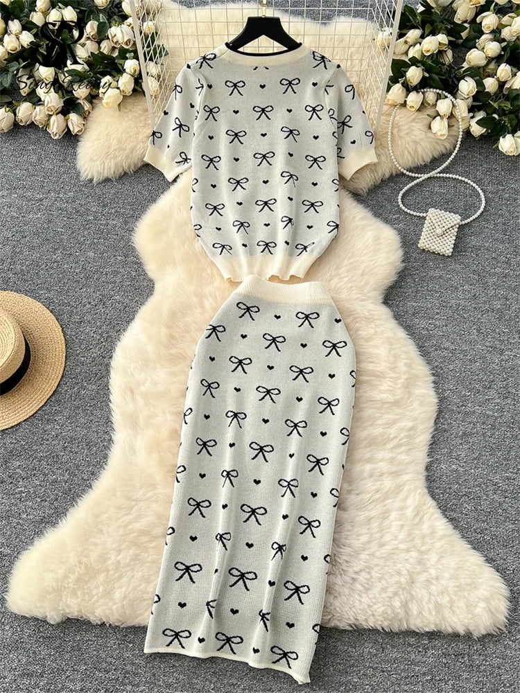 SINGREINY Newest Summer Knitting Suits O Neck Basic Tops+High Waist Sheath Long Skirt Bow Print Chic Casual Women 2pcs Sets
