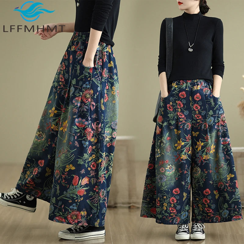 Women Ethnic and Retro Printed Wide-Leg Jeans for Autumn Winter New Style Elastic Waist Loose Fit Casual Versatile Denim Trouser