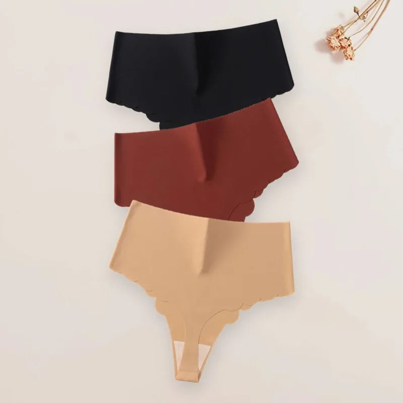 3Pcs/Set High-Waist Women's Panties Thongs Plain Slip Silk Wave Edged Fashion Seamless Female Underwear G-String for Ladies XS-L