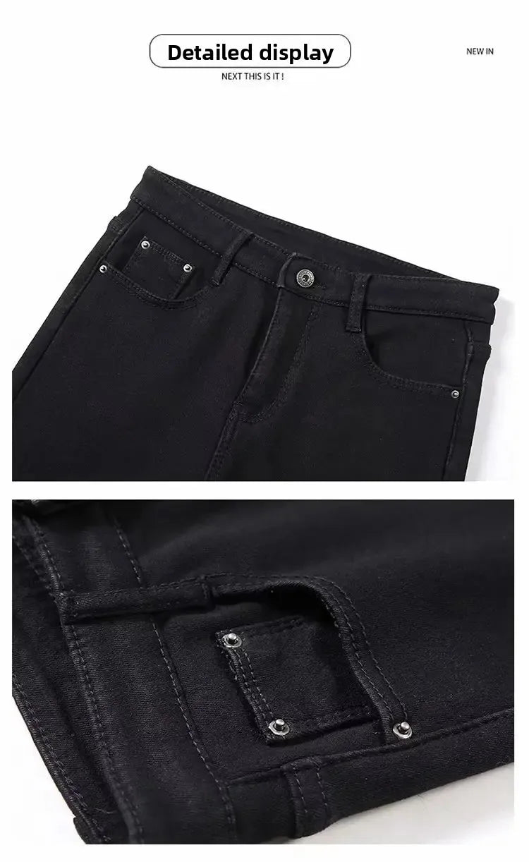 High Waist Fleece Lined Skinny Jeans Women's Autumn Winter New Style Pure Color Slimming Tight Fit Ankle Length Pants
