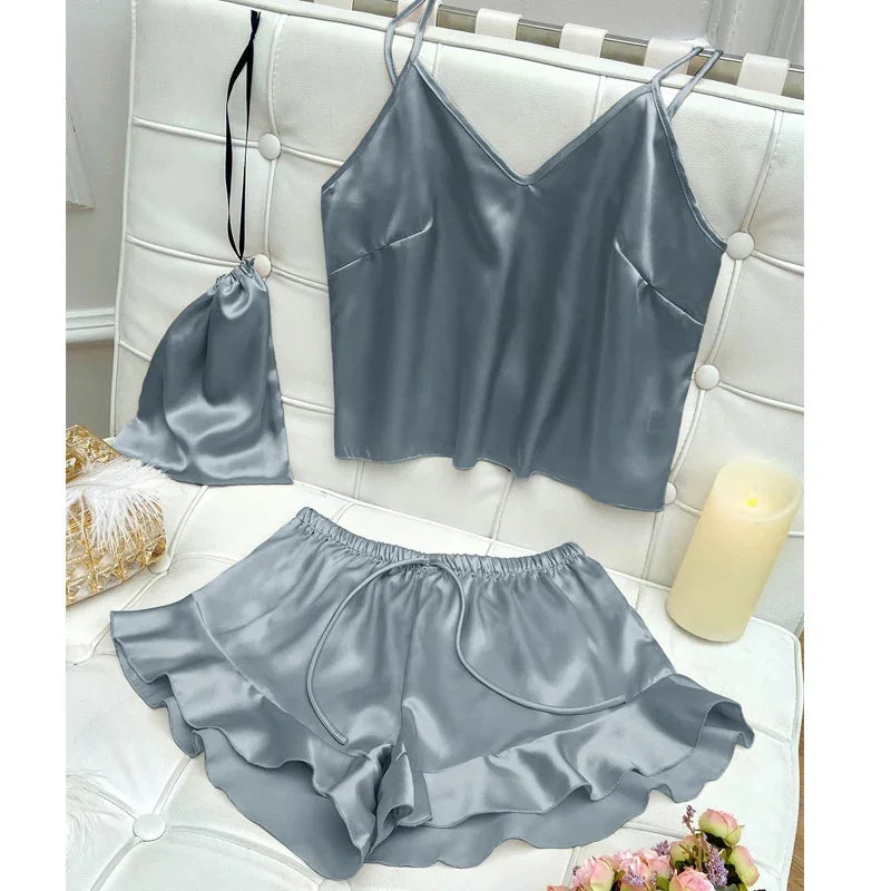 Fashion Sexy Underwear Set Women's 2 Pieces Sleepwear Pyjamas Silk Satin Bellyband Cami Top and Shorts Pajamas for Women Pijamas