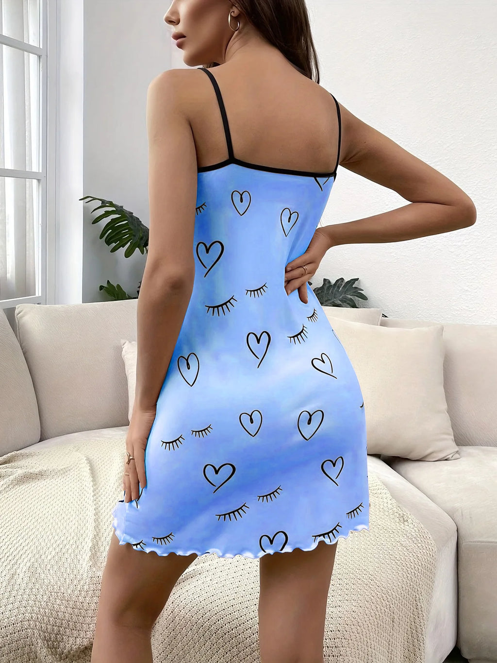 Ladies' pajamas heart-shaped printed nightgown casual sleeveless round neck slim shoulder strap dress summer pajamas home wear