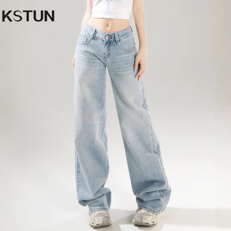 KSTUN 2025 Spring Women Wide Leg  Jeans Streetwear Loose Straight Denim Pants Vintage Low Waist Jeans For Woman Dragging Pants