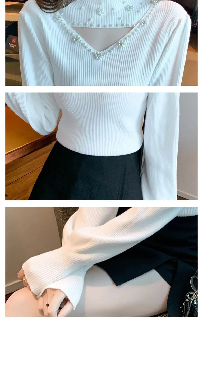 Autumn Winter Fashion Embroidered Flares Solid Color Half Height Collar Pullovers Ladies Fashionable Hollow Out Knitting Sweater