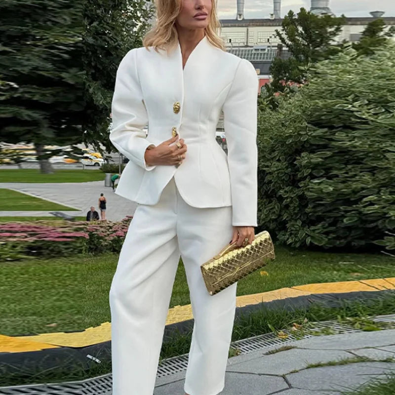 Fashion Solid V-neck Suit Casual Solid Long Sleeves Shoulder Pad Waist-cinching Pant Suit 2025 Autumn  Lady Daily Street Outfit