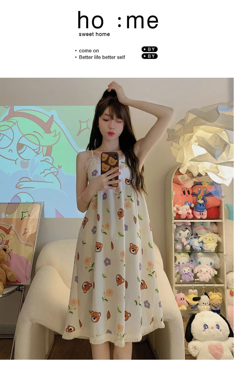 With Chest Cushion Halter Nightgown Female Summer Floral Breathable Thin Section of the Princess Style Loose Knee-Length Pajamas