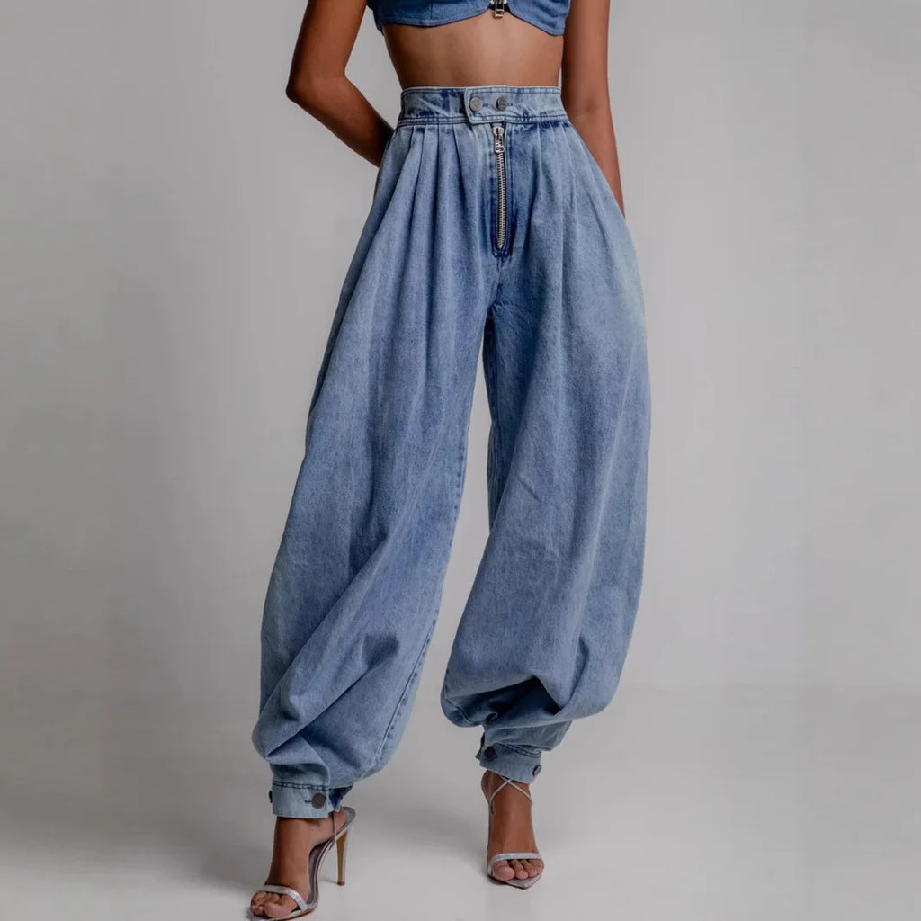 Jeans Women Denims Bloomers Pants Zipper High Waist Washed Distressed Female Vintage Ankle Length Trousers 2025 Streetwear