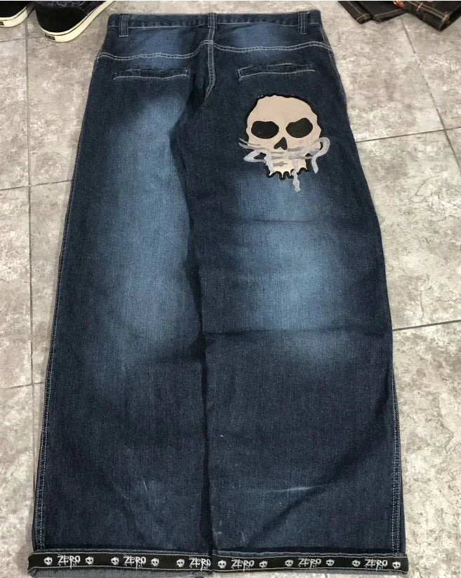 Street American skull pattern pocket printed high waist jeans summer casual niche trend fashionable hip-hop wide-leg trousers