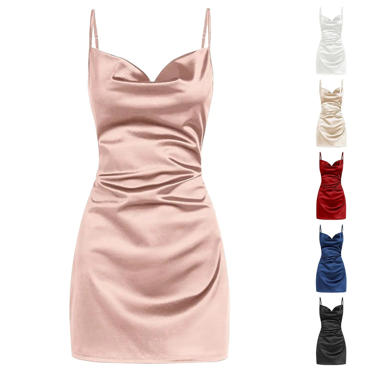 Satin Slip Dress Women Silk Low Cut Smocked Solid Color Party Dresses Cowl Neck Backless Mini Dress Nightclub Short Vestidos