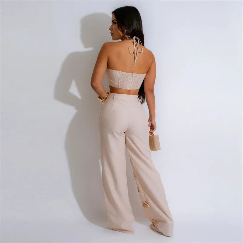 Sexy Night Party 2 Piece Sets Women Outfit Clubwear Festival Clothing Halter Strapless Crop Top and Hollow Out Wide Leg Pants