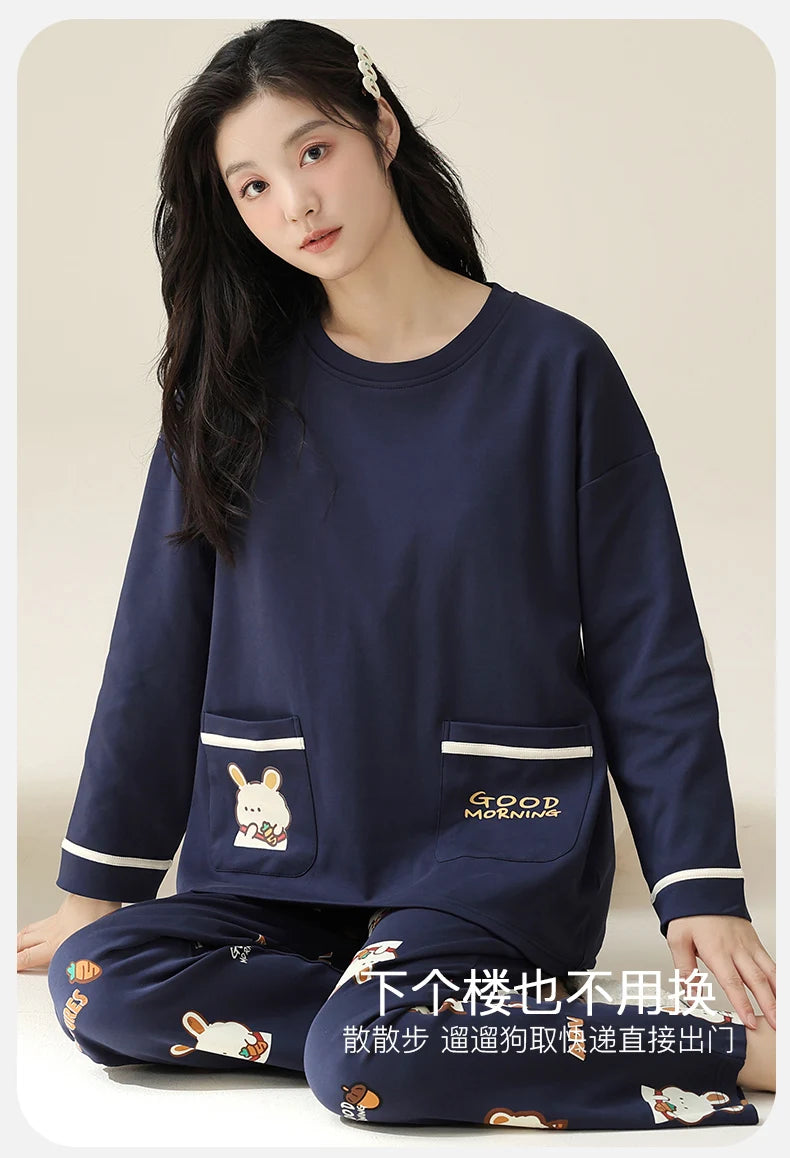 SUKAE M-5XL Big Size Women Pajama Set Autumn Winter New Cotton Long Sleeves Woman Sleepwear Casual Girl Pijama Cartoon Nightwear