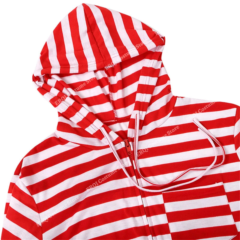Couple Onesie Plus Size Christmas Pajamas Red and White Striped Onesies for Adults with Zipper Jumpsuit Hooded Sleepwear