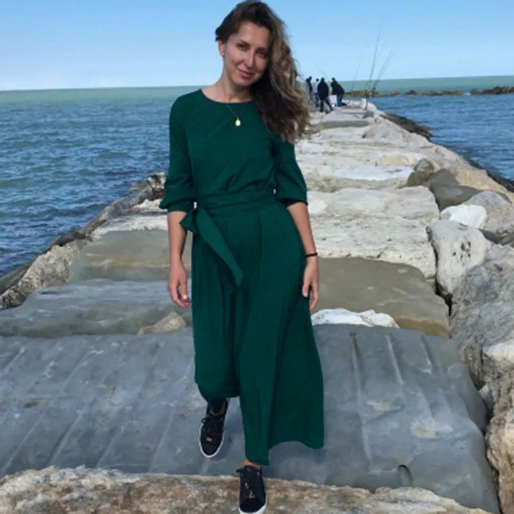 Women's Long Sleeve Dress A Line Solid Tie Up Waisted Formal Dresses For Women Vintage O Neck Medieval Long Dresses For Women