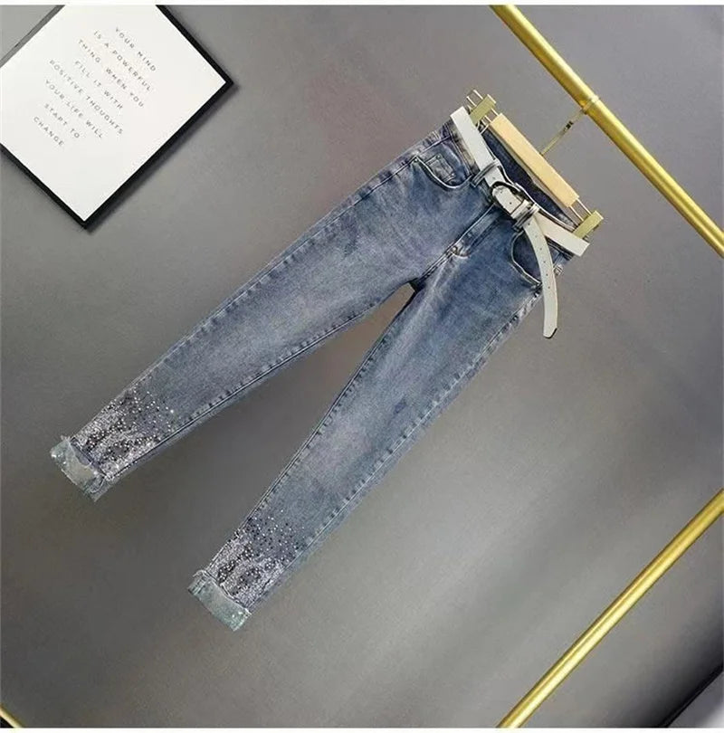 Spring Summer New 2025 Korean Slim Women Jeans Sequins Hot Drilling Denim Pants Ladies Pencil Cowboy Pants Trousers Lady