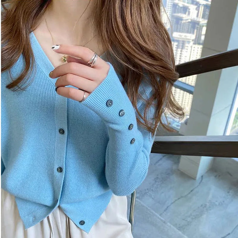 2025 Autumn And Winter Casual Sweater V Neck Women Korean Fashion Tops Long Sleeve Solid Basic Knitted Cardigan Female