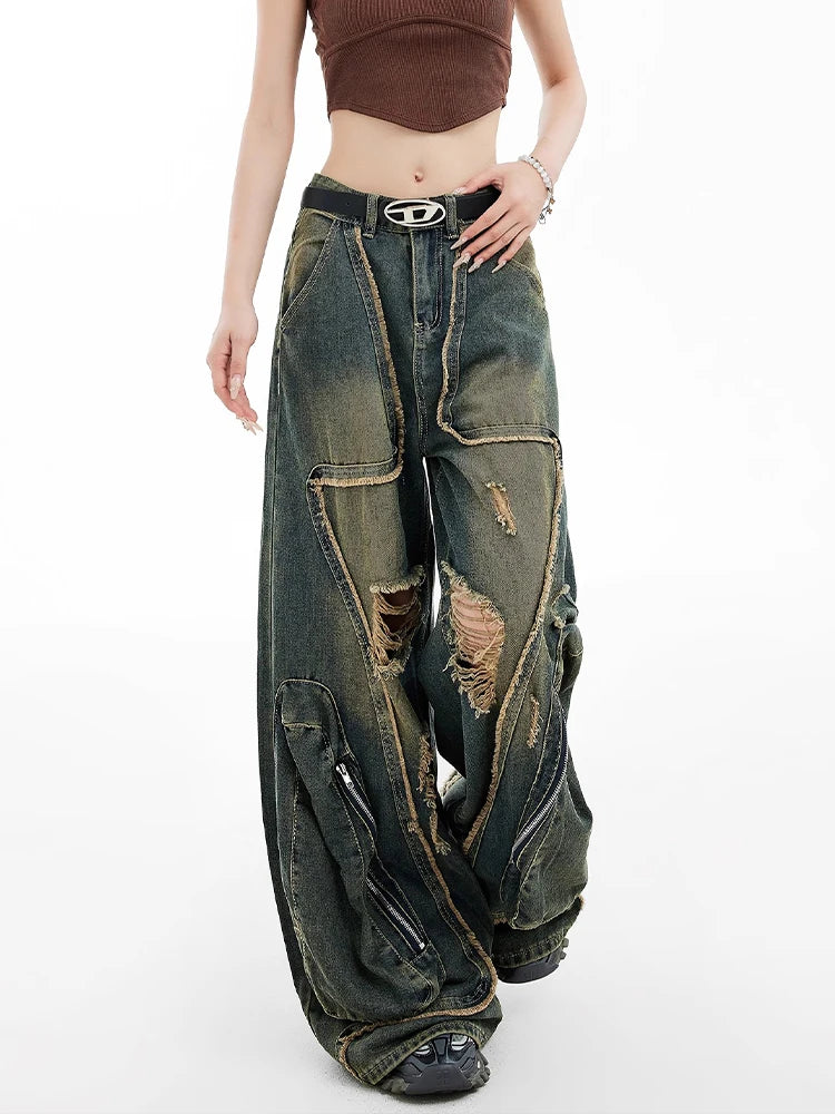 Women Y2k Baggy Cargo Jeans Harajuku Oversize Ripped Denim Trousers Vintage Japanese 2000s Style Jean Pants Trashy Clothes 2024