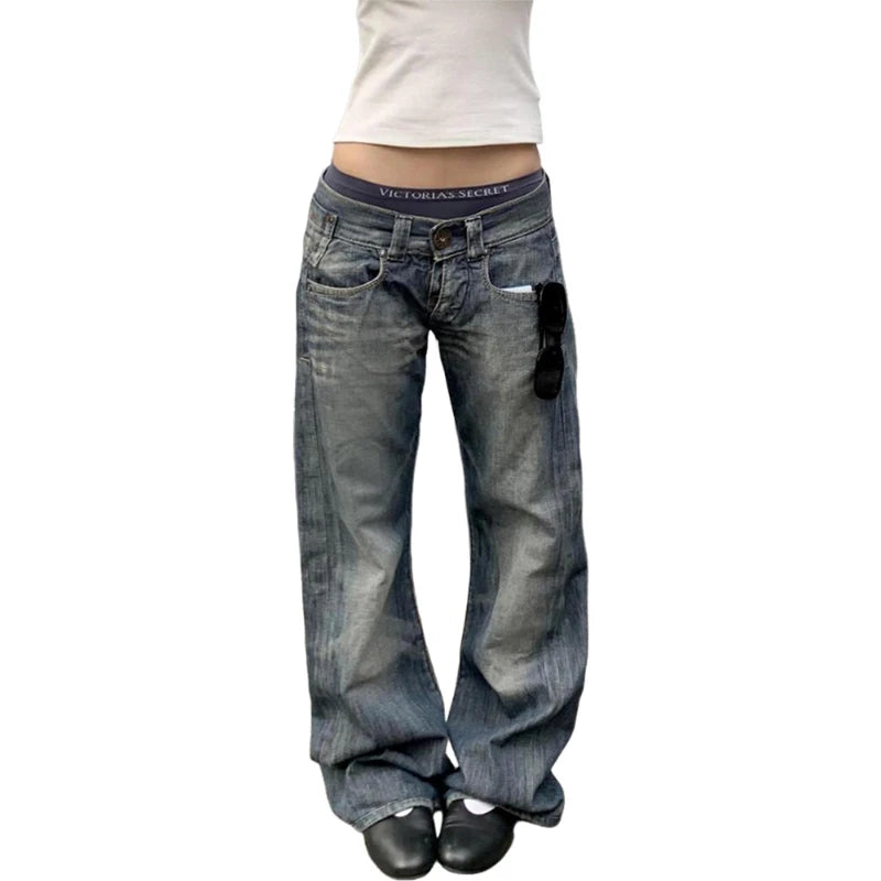 American Retro Washed Low Waist Jeans Women's Loose Straight Jeans Pants Street Winter Fashion Denim Pants