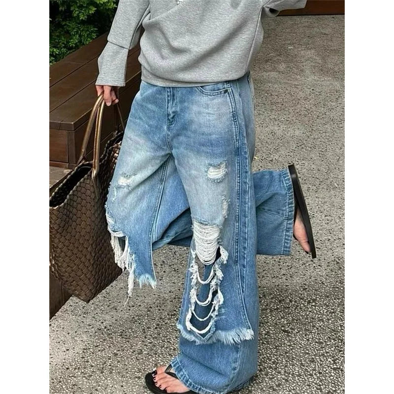 2024 Autumn Trashy Sexy Vintage Ripped Patchwork Loose Fit Jeans Y2K Wide Leg Pants Women's Baggy Hollow Out Denim Trouser