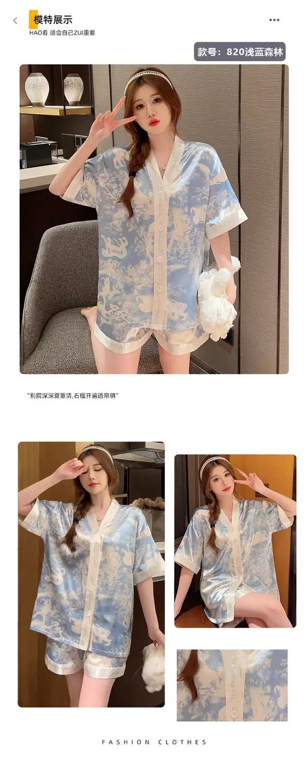 Luxury Women Silk Sleepwear Summer Short Sleeve Cardigan Shorts Two Pieces Homewear Kawaii Clothing Pajama Sets Nightwear Korean