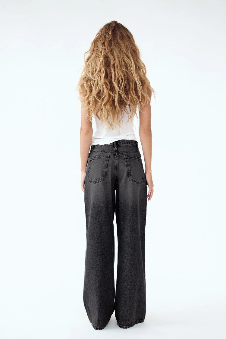 2025 Asymmetrical Diagonal Buckle Sense Design Wide-leg Jeans. Women's Four Seasons New Street Fashion Retro Casual Loose Jeans