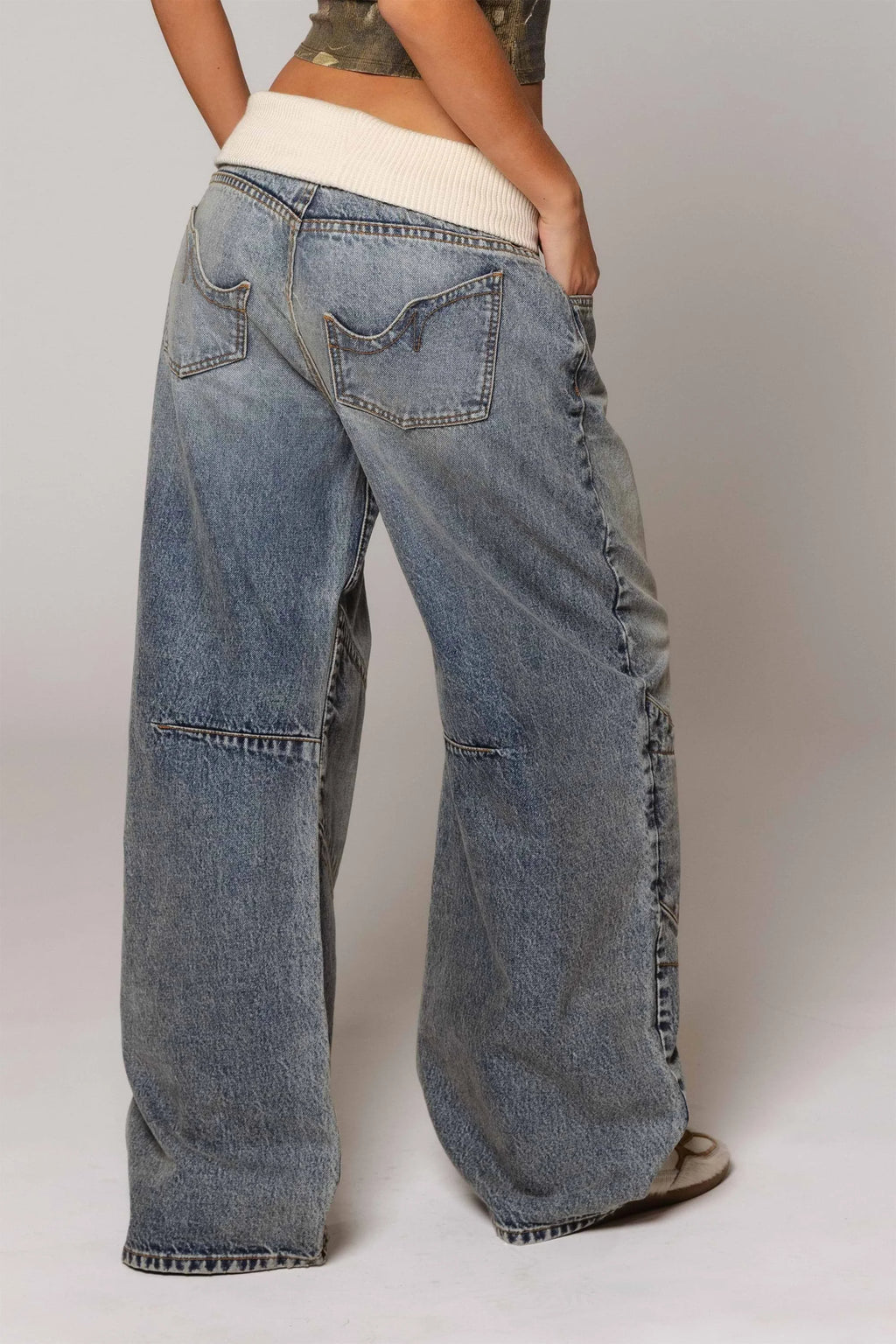 Redm Ribbed Waistband Straight-Leg Jeans Vintage Washed Blue Wide-Leg Pants Embroidered Jeans All-Season Jeans Loose Vintage Pants Street Style High-Waisted Slimming Floor-Length Pants