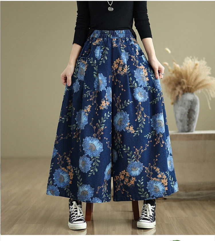 NYFS 2025 New Summer Vintage Print Woman Jeans Loose Plus size Trousers Elastic Waist Denim Wide Leg Pants