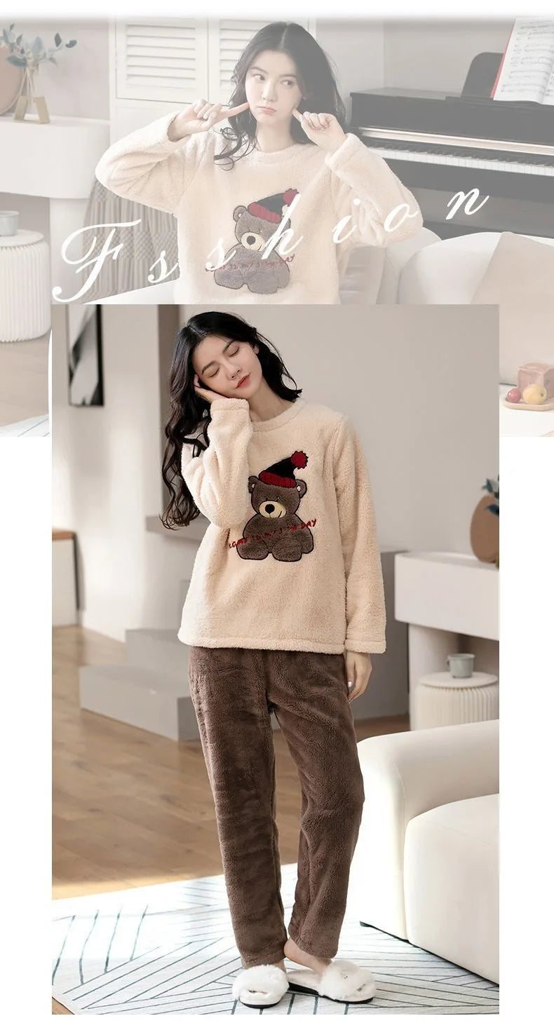 2PCS/Set Thickened Warm Fashion Autumn and Winter Pajamas Long-Sleeved Women Coral Velvet Cute Cartoon Grizzly Bear Comfortable